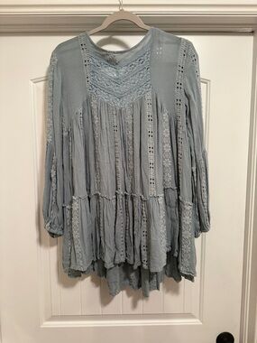 FREE PEOPLE Boho Lace-Trim Peasant Tunic Top - Light Slate Blue